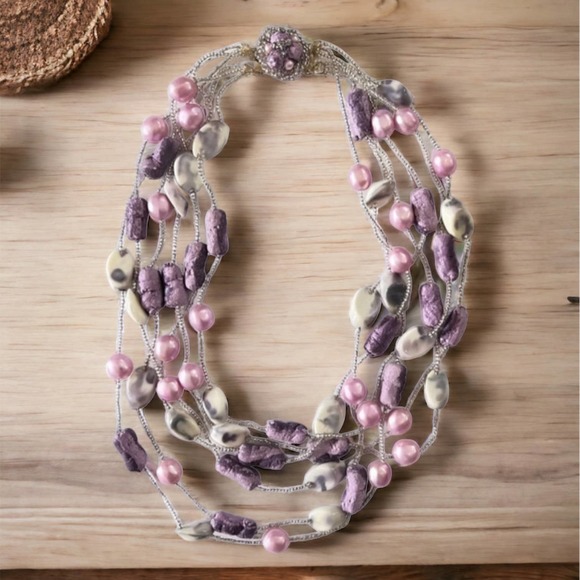 Vintage Japan Multi Strand Stone, Resin, Bead Necklace - Picture 2 of 8